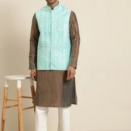 SOJANYA Blue Comfort Fit Embroidered Nehru Jacket image 4