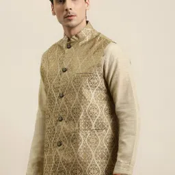 SOJANYA Beige Comfort Fit Jacquard Nehru Jacket image 1