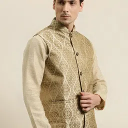 SOJANYA Beige Comfort Fit Jacquard Nehru Jacket image 3
