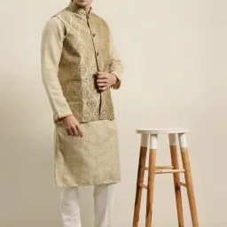 SOJANYA Beige Comfort Fit Jacquard Nehru Jacket image 4