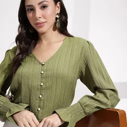her by invictus Bell Sleeve Crepe Crop Top-image-70