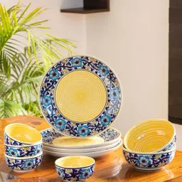 ExclusiveLane 'Badamwari Bagheecha' Yellow & Navy Ceramic Dinner Set-picture-16