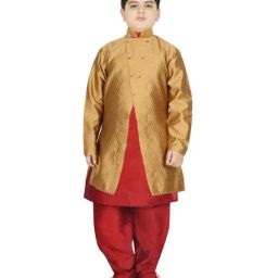 SG Yuvraj Kids Gold & Maroon Textured Pattern Full Sleeves Kurta Set-picture-49