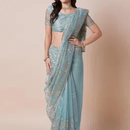 Saree Mall Light Blue Net Embellished Saree with Blouse Piece image 1