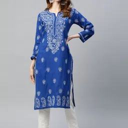 ADA Women Blue & White Ethnic Motifs Embroidered Chikankari Sustainable Straight Kurta-image-93