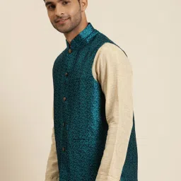 SOJANYA Blue Comfort Fit Embroidered Nehru Jacket image 3