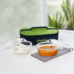 Borosil Alfa Glass Round Lunch Box¿with Microwave Safe Set of 2 (Green, 400 ml)-picture-3