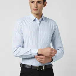Peter England Blue Cotton Slim Fit Striped Shirt image 1