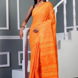 Unnati Silks Orange Cotton Printed Saree With Unstitched Blouse image 1