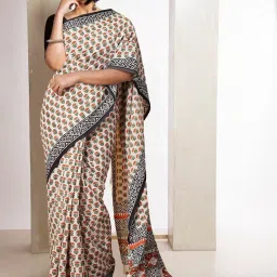 Unnati Silks Cream Cotton Printed Saree With Unstitched Blouse image 1