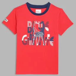 Blue Giraffe Boys Red Cotton Printed T-Shirt image 1