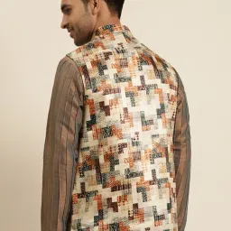 SOJANYA Beige Comfort Fit Printed Nehru Jacket image 2