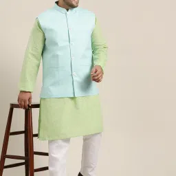 SOJANYA Turquoise Cotton Linen Comfort Fit Nehru Jacket image 4