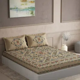 DDECOR Live beautiful Beige Cotton Ethnic 145 TC Double Flat Bedsheet with 2 Pillow Covers-picture-31