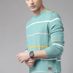 The Roadster Lifestyle Co Men Blue Striped Pullover-image-36