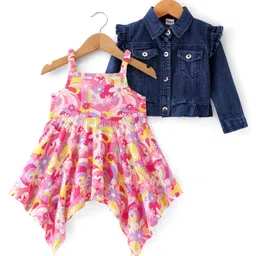 Babyhug Knit Full Sleeves Jacket with Singlet Floral Printed Frock  - Pink & Blue-picture-15