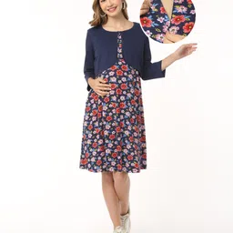 Bella Mama Cotton Knit Floral Printed Maternity Dress with Three Fourth Sleeves Shrug - Navy Blue-image-15