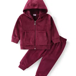 Babyhug Velour Woven Full Sleeves Hooded Front Zipper Winter Wear Co-Ord Set With Kangaroo Pockets - Maroon-picture-17
