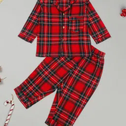 Little Ginnie Cotton Knit Full Sleeves Checked Coordinating Night Suit Set - Red-picture-22