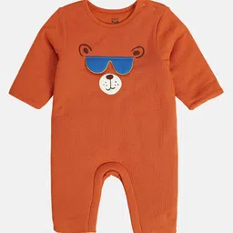 MINI KLUB Cotton Full Sleeves Bear Printed & Sunglasses Applique Detailed Romper - Rust Orange-picture-13