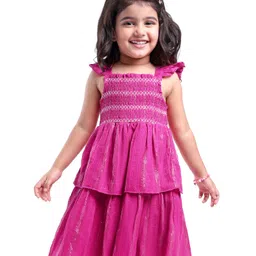 Babyhug Cotton Woven Frill Sleeves Layered Frock with Smocking - Pink-picture-30