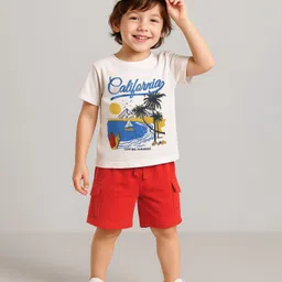 Babyhug Single Jersey Knit Half Sleeves T-Shirt & Shorts Set with Beach Theme Print - Red & White-picture-14