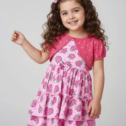 Babyhug Single Jersey Knit Frock & Half Sleeves Shrug With Floral & Polka Dot Print & Headband - Pink-picture-16