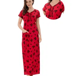 Piu Rayon Woven Half Sleeves Feathers Printed Maternity Nighty With Nursing Access - Red-picture-23