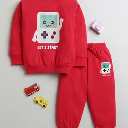 BUMZEE Cotton Knit Full Sleeves Handheld Printed Sweatshirt & Jogger Set - Red-picture-31