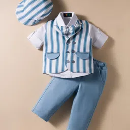 Robo Fry Cotton Woven Knit Full Sleeves 3 Piece Party Suit with Bow & Cap with Stripes - Light Blue & White-image-60