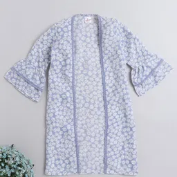The Magic Wand Cotton Woven Three Fourth Bell Sleeves Floral Printed Lace Detailed Long Jacket - Blue-picture-38