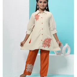 MASTARANG Woven Three Fourth Sleeves Floral Embroidered Kurti With Pant Set - Cream-picture-24