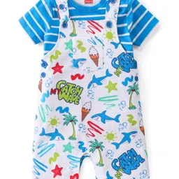 Babyhug Single Jersey Knit Beach Theme Dungaree with Striped Half Sleeves T-Shirt - Blue image 2