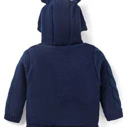 Babyhug Knitted Full Sleeves Front Open Hooded Sweater with Cable Knit Design & 3D Ear Applique - Navy Blue image 2