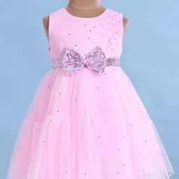 Babyhug Woven Sleeveless Foil Printed Fit & FlaredParty Frock with Bow Applique - Pink image 2