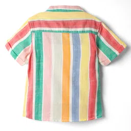 Babyhug 100% Cotton Half Sleeves Striped Shirt With Mandarin Collar - Multicolour image 2