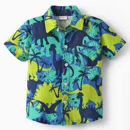 Babyhug Single Jersey Knit Half Sleeves Shirt & Shorts Set with Dino Print - Green & Navy Blue image 2