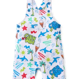 Babyhug Single Jersey Knit Beach Theme Dungaree with Striped Half Sleeves T-Shirt - Blue image 3