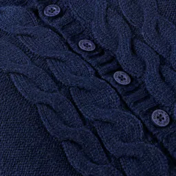 Babyhug Knitted Full Sleeves Front Open Hooded Sweater with Cable Knit Design & 3D Ear Applique - Navy Blue image 3