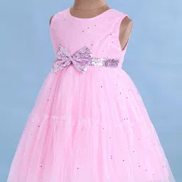 Babyhug Woven Sleeveless Foil Printed Fit & FlaredParty Frock with Bow Applique - Pink image 3