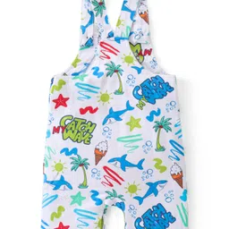 Babyhug Single Jersey Knit Beach Theme Dungaree with Striped Half Sleeves T-Shirt - Blue image 4