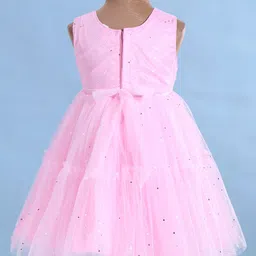 Babyhug Woven Sleeveless Foil Printed Fit & FlaredParty Frock with Bow Applique - Pink image 4