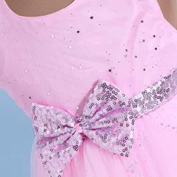 Babyhug Woven Sleeveless Foil Printed Fit & FlaredParty Frock with Bow Applique - Pink image 5
