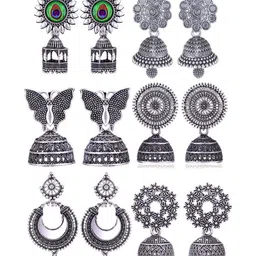 DIVASTRI Set Of 6 Silver-Plated Dome Shaped Oxidized Jhumkas-picture-40