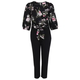 Cutecumber Kids Black Floral Jumpsuit With Fabric Belt image 1