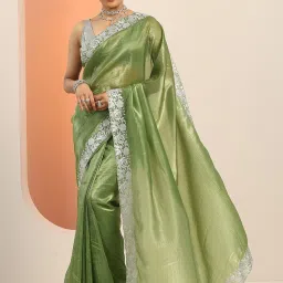 Libas Olive Embroidered Saree With Unstitched Blouse image 1