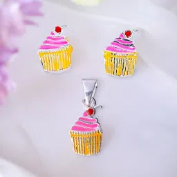 Taraash 925 Sterling Silver Cupcake Earrings & Pendant Set for Kids, Girls image 1
