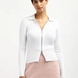 CALVIN KLEIN JEANS White Slim Fit Polyester Spread Collar Front-Open Sweater image 1