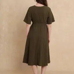 RAREISM Olive Polyester Solid Short Sleeves Dress image 2