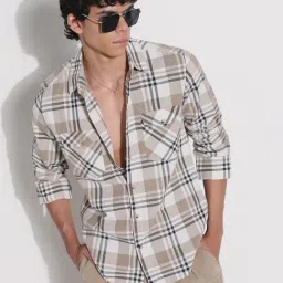 SHOWOFFFF Cream Cotton Relaxed Fit Checks Shirt-picture-13